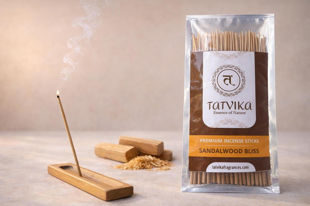 Tatvika Sandalwood Bliss incense sticks with soft calming sandalwood fragrance