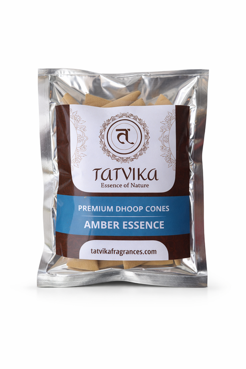 Tatvika Amber Essence premium dhoop cones pack on white background with natural amber-colored cones