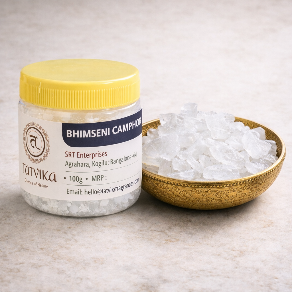 Jar of Bhimeseni Camphor (kapoor) with a bowl of camphor on a light background