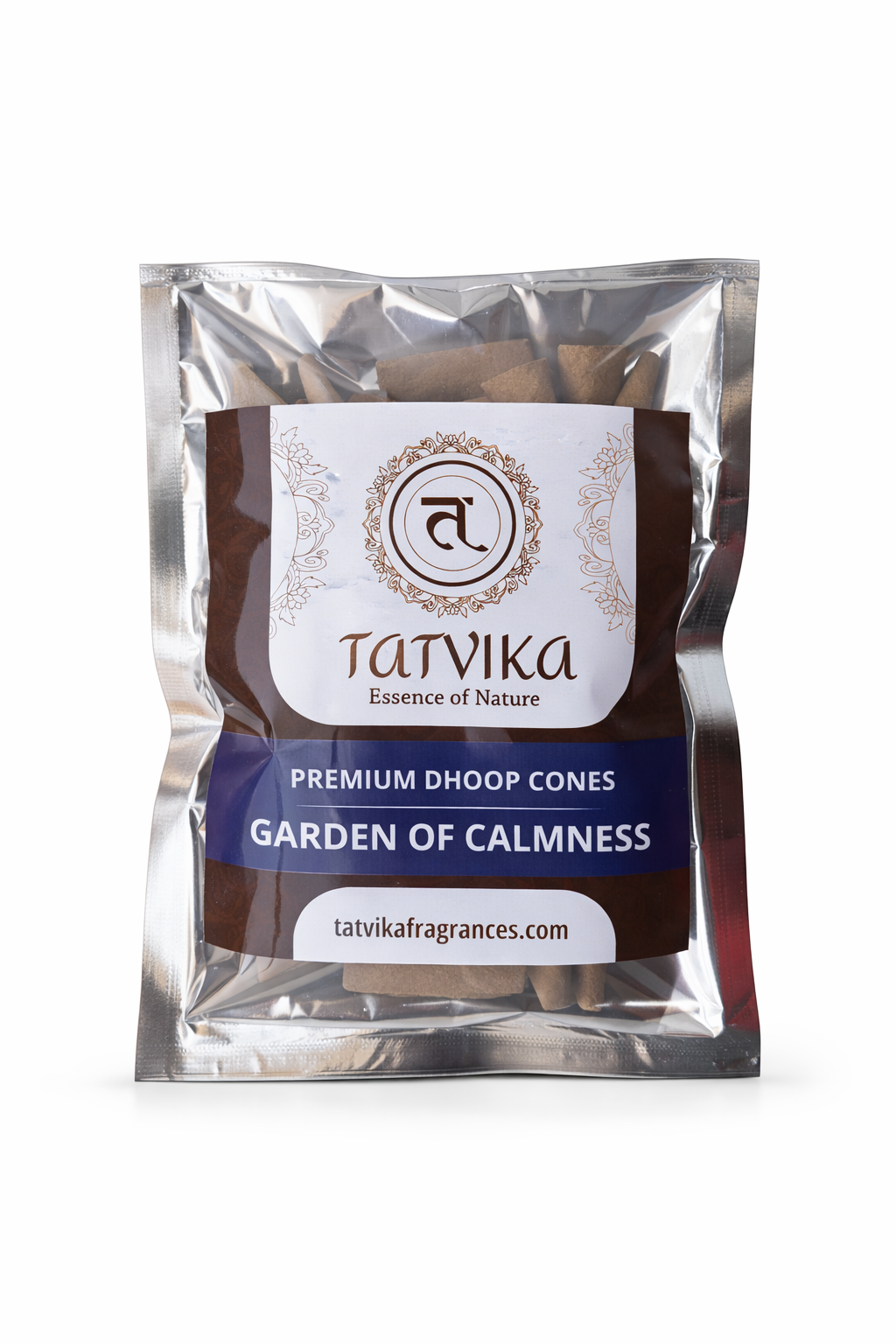 Tatvika Garden of Calmness premium dhoop cones pack on white background with earthy brown cones