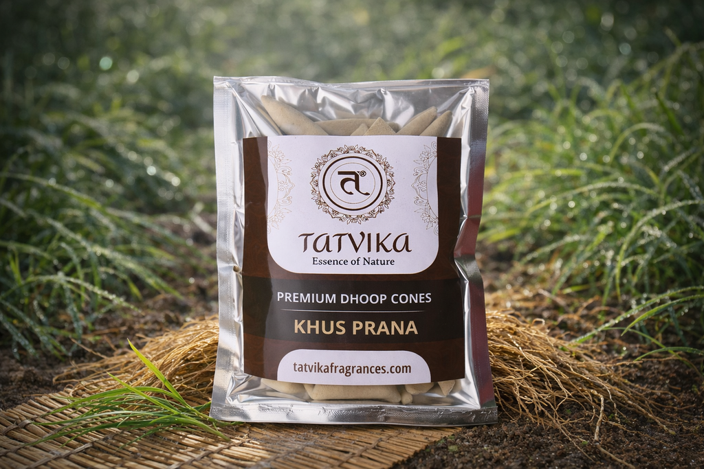 Tatvika Khus Prana dhoop cones pack styled with vetiver roots and dew drops in earthy green tones