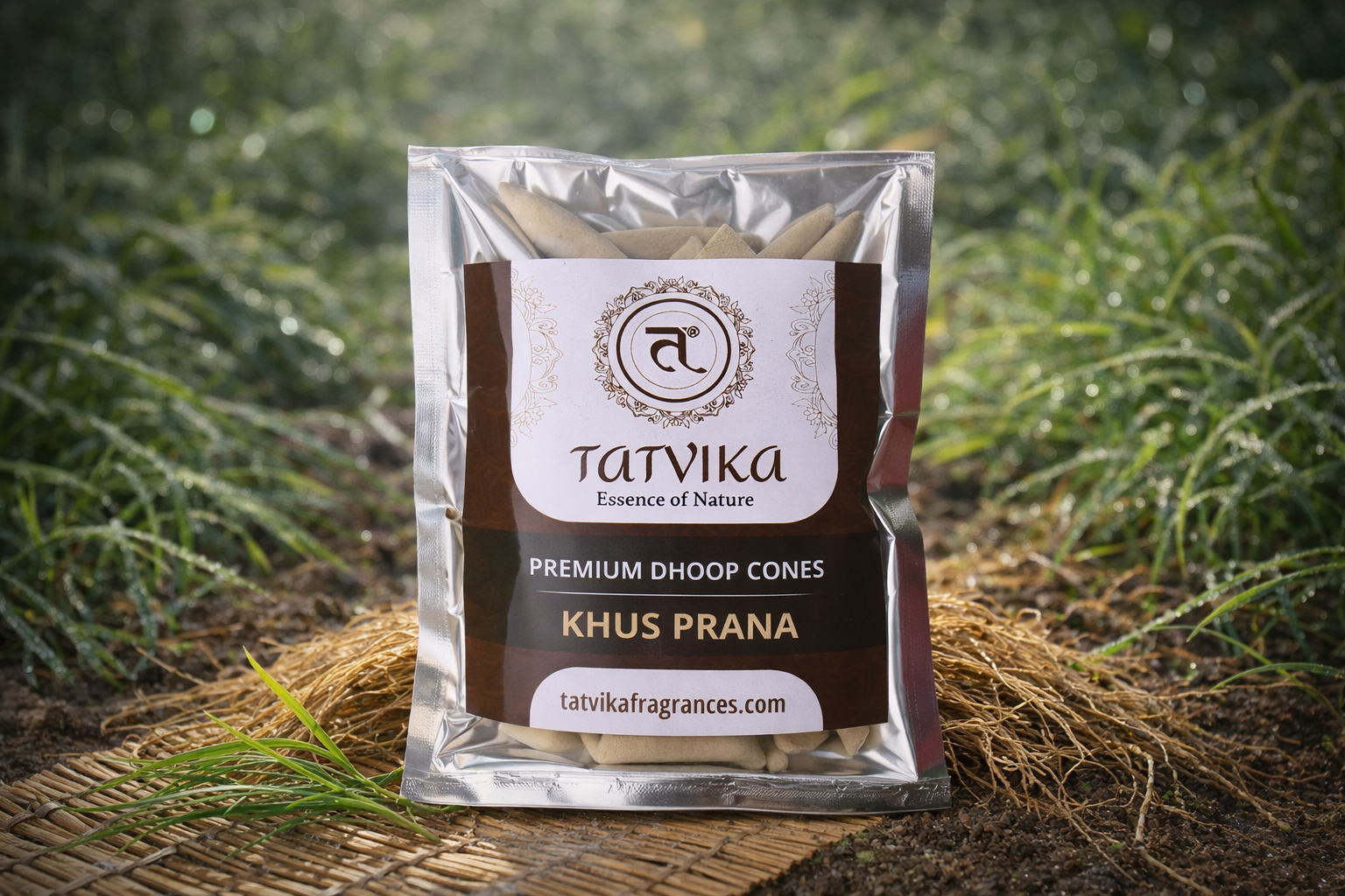 Tatvika Khus Prana dhoop cones pack styled with vetiver roots and dew drops in earthy green tones