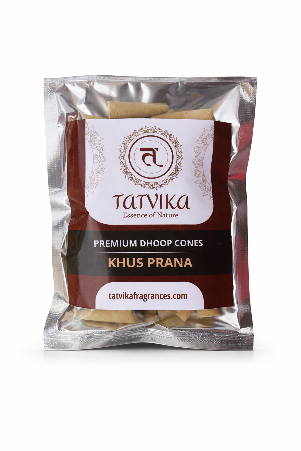 Tatvika Khus Prana premium dhoop cones pack on white background with natural vetiver-toned cones