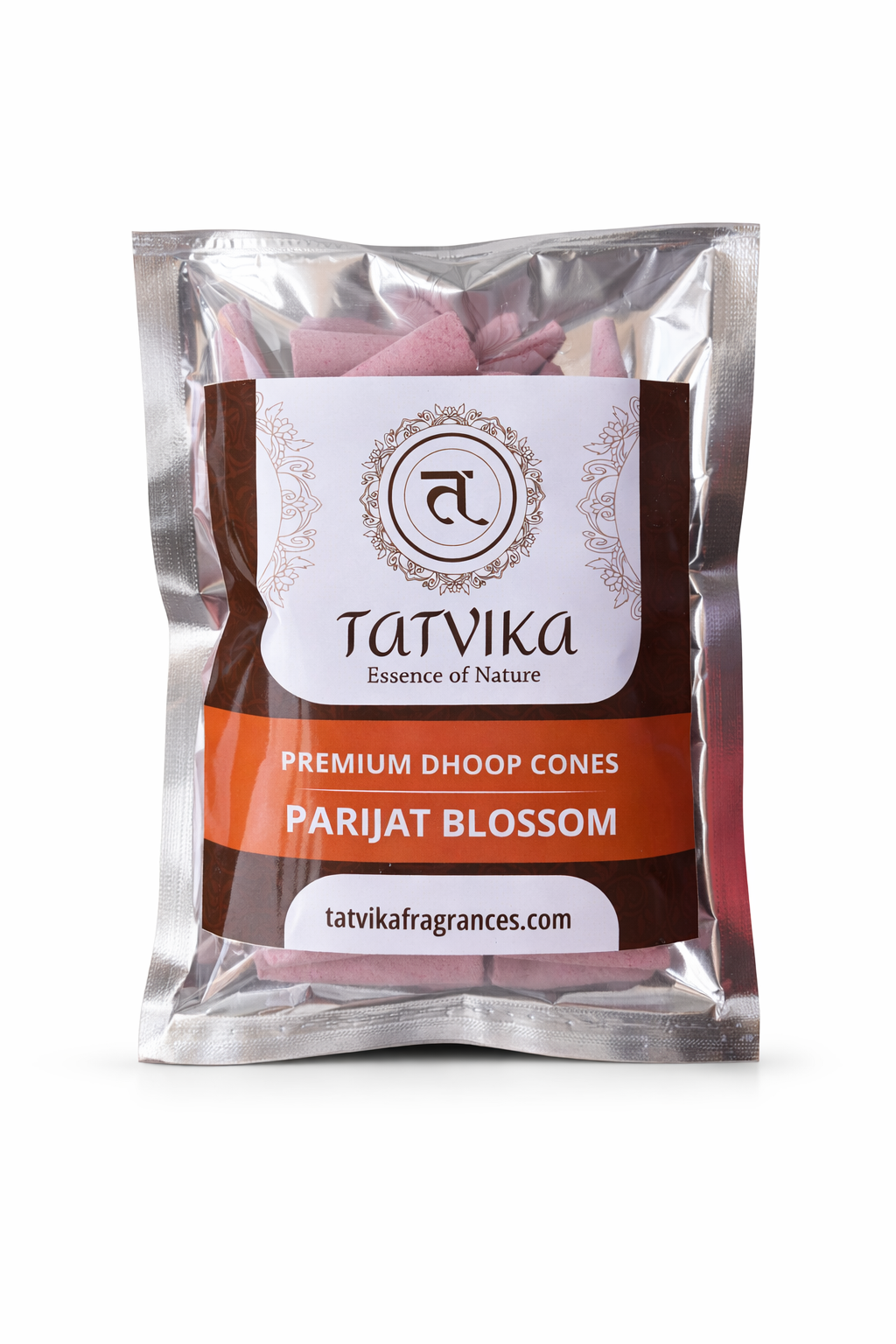 Tatvika Parijat Blossom premium dhoop cones pack on white background showing pink cones inside