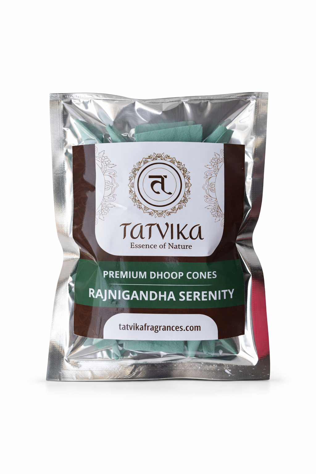 Tatvika Rajnigandha Serenity premium dhoop cones pack on white background with green cones