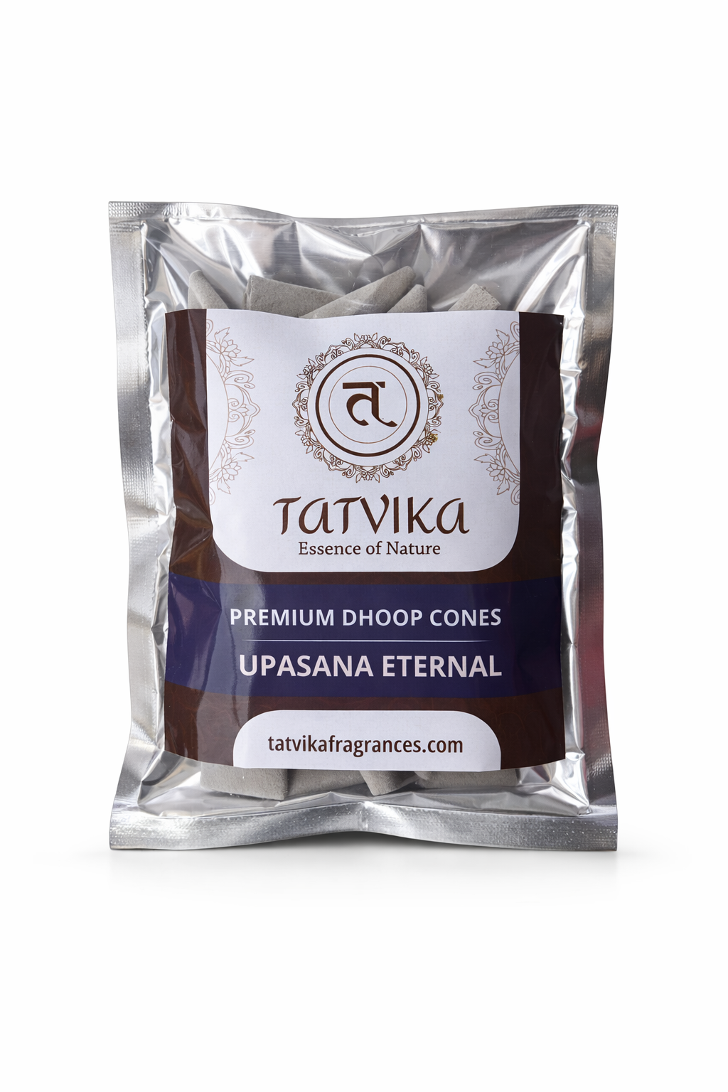 Tatvika Upasana Eternal premium dhoop cones pack on white background with light ash-grey cones